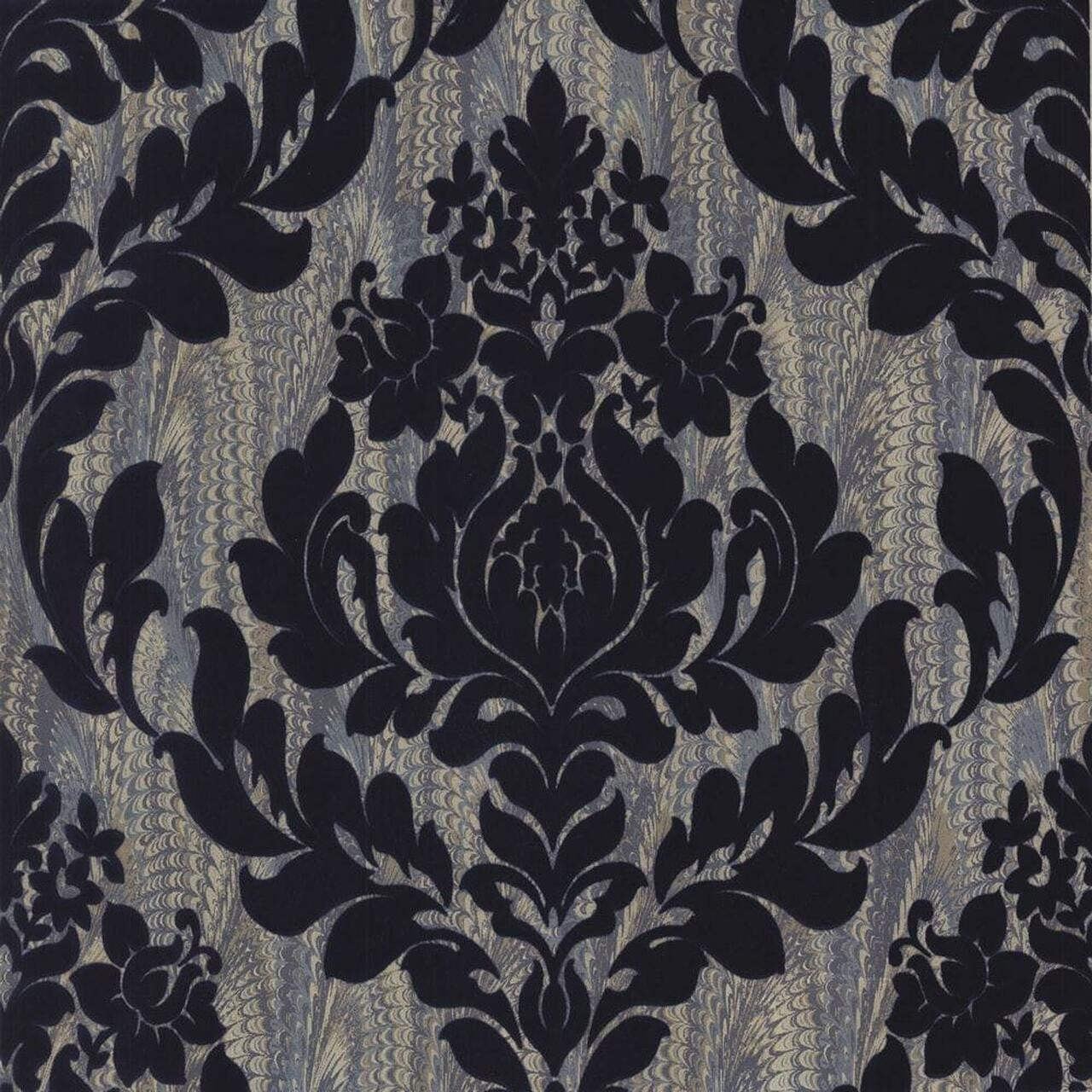 Faversham Navy Blue Luxury Flock Wallpaper - 1838 wallcoverings