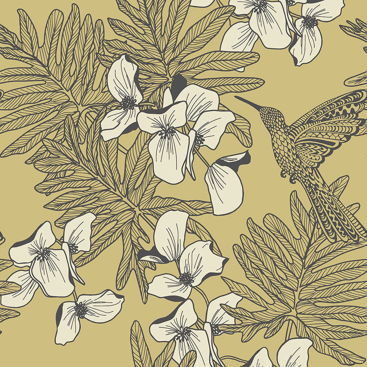 Hummingbird Mustard Yellow Luxury Bird Wallpaper - 1838 wallcoverings