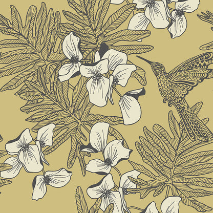 Hummingbird Mustard Yellow Luxury Bird Wallpaper - 1838 wallcoverings