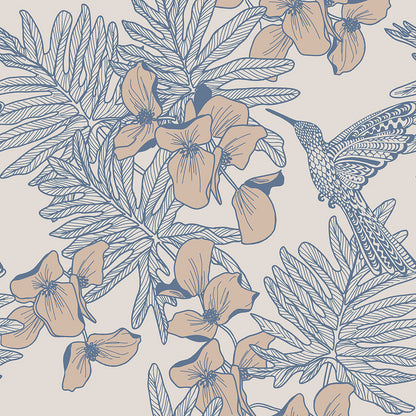 Hummingbird Lagoon Blue Luxury Floral Wallpaper - 1838 wallcoverings