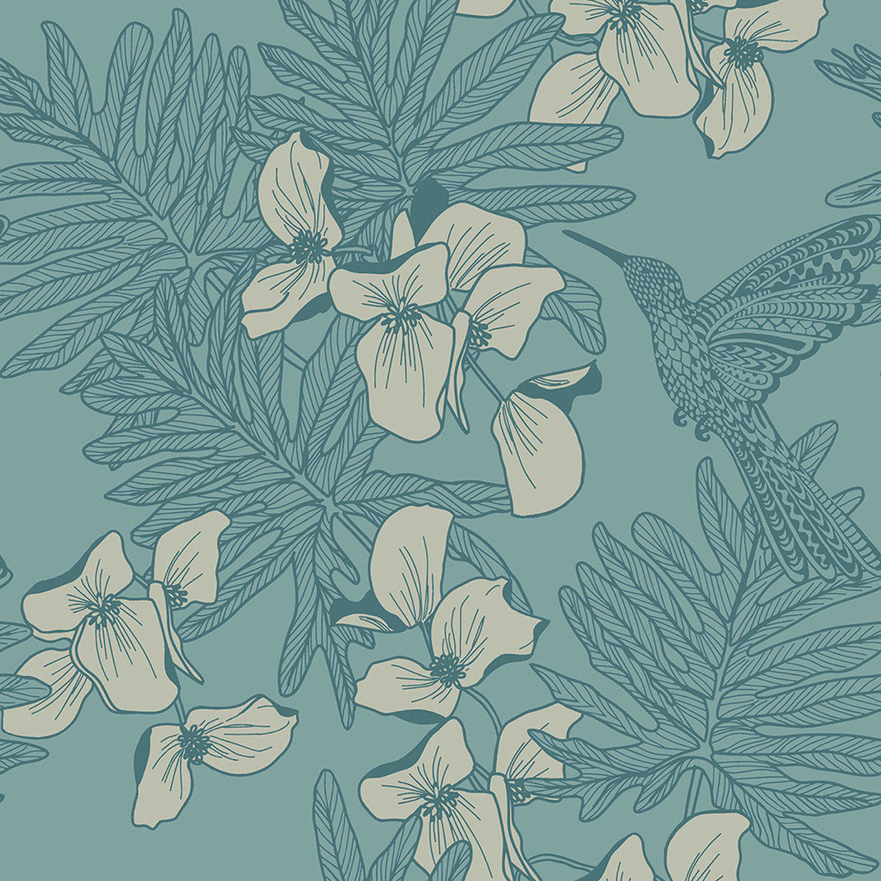 Hummingbird Seafoam Teal Luxury Bird Wallpaper - 1838 wallcoverings