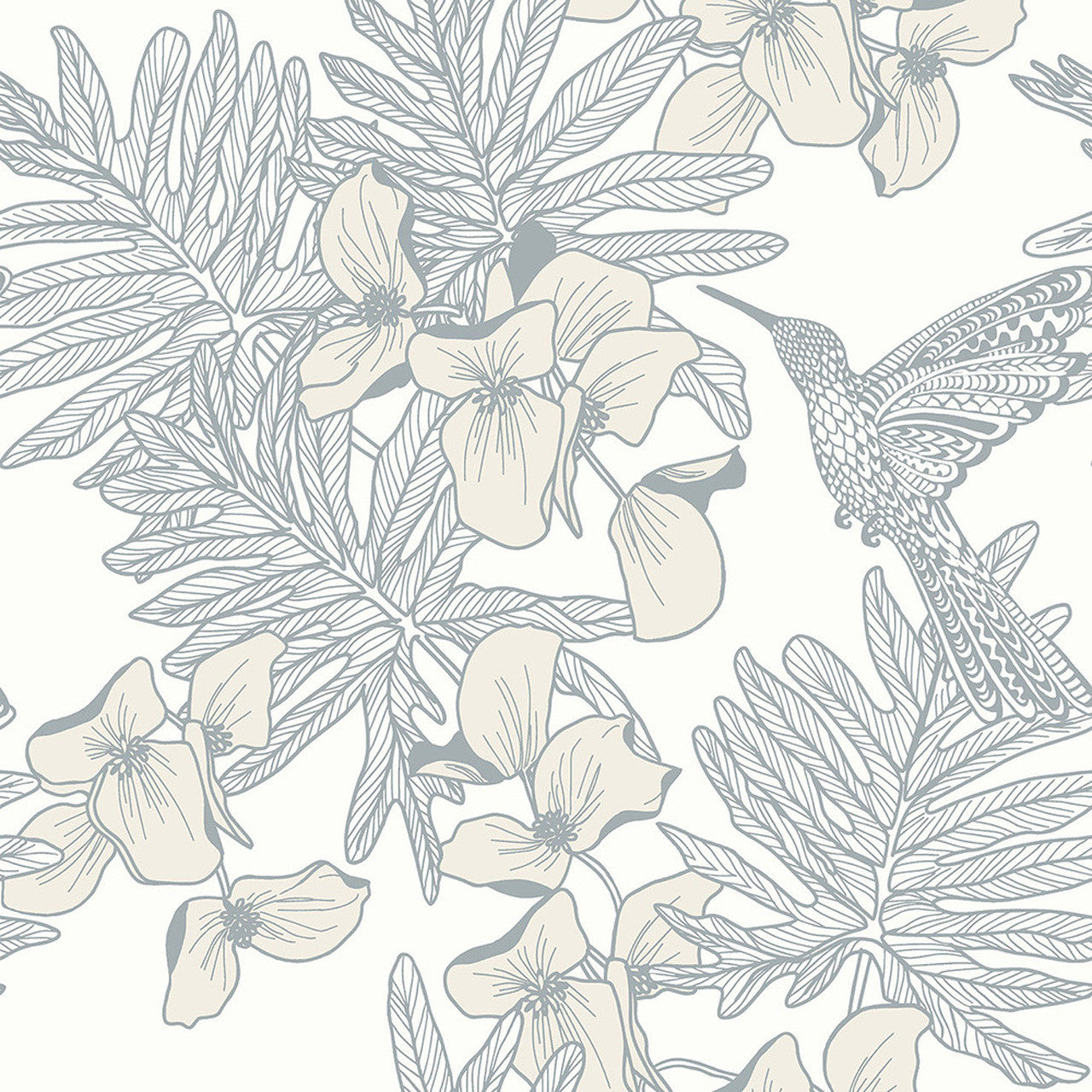 Hummingbird Mist Grey Luxury Floral Wallpaper - 1838 wallcoverings