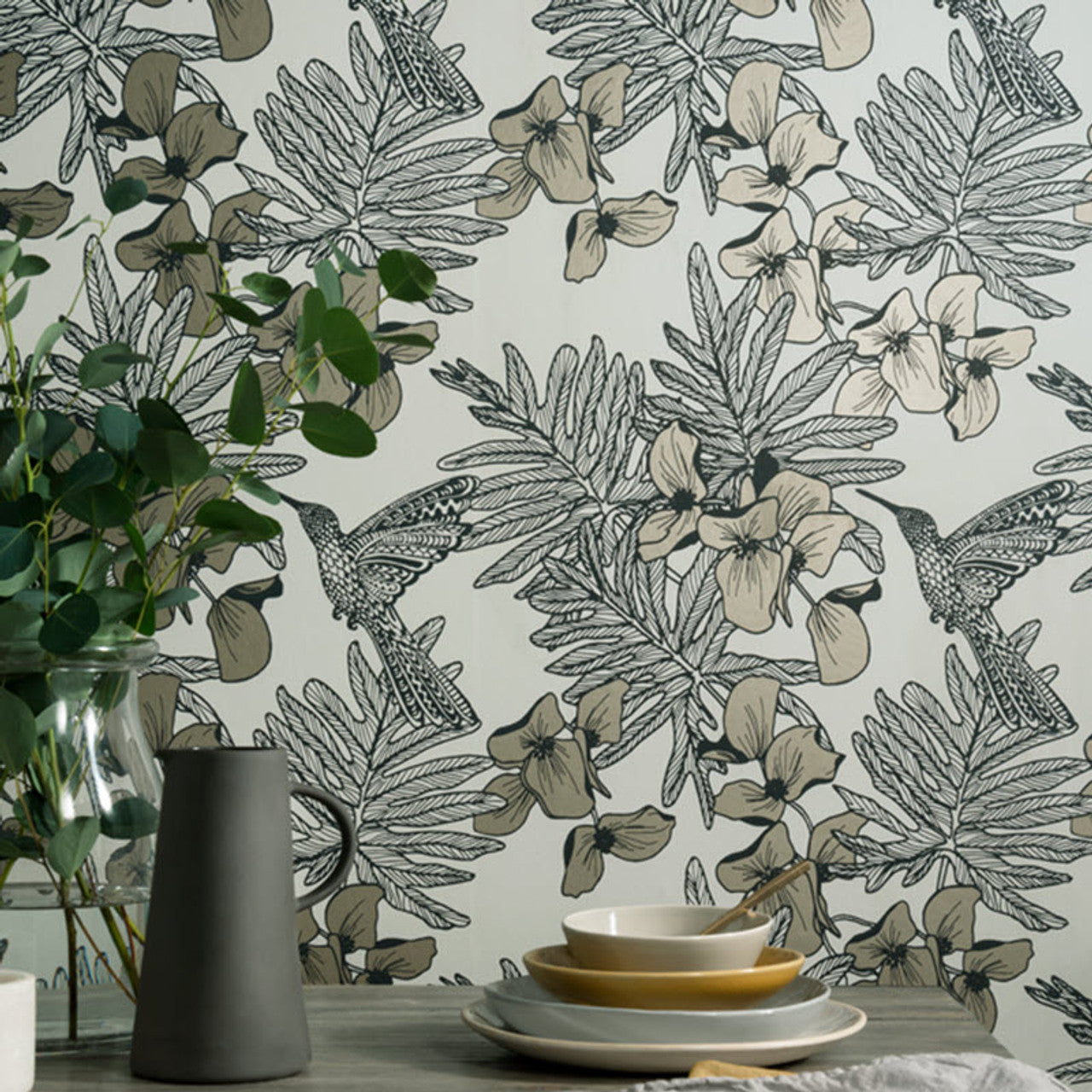 Hummingbird Jet Black and Metallic Luxury Bird Wallpaper - 1838 wallcoverings