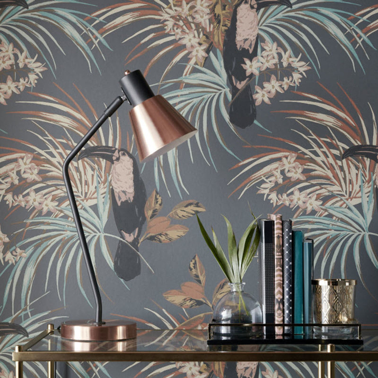 Le Toucan Charcoal Black Luxury Bird Wallpaper - 1838 wallcoverings