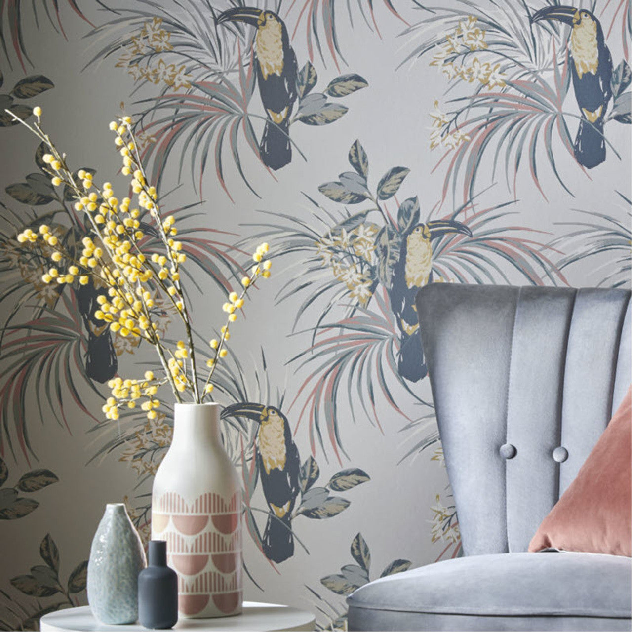 Le Toucan Soft Grey Luxury Bird Wallpaper - 1838 wallcoverings