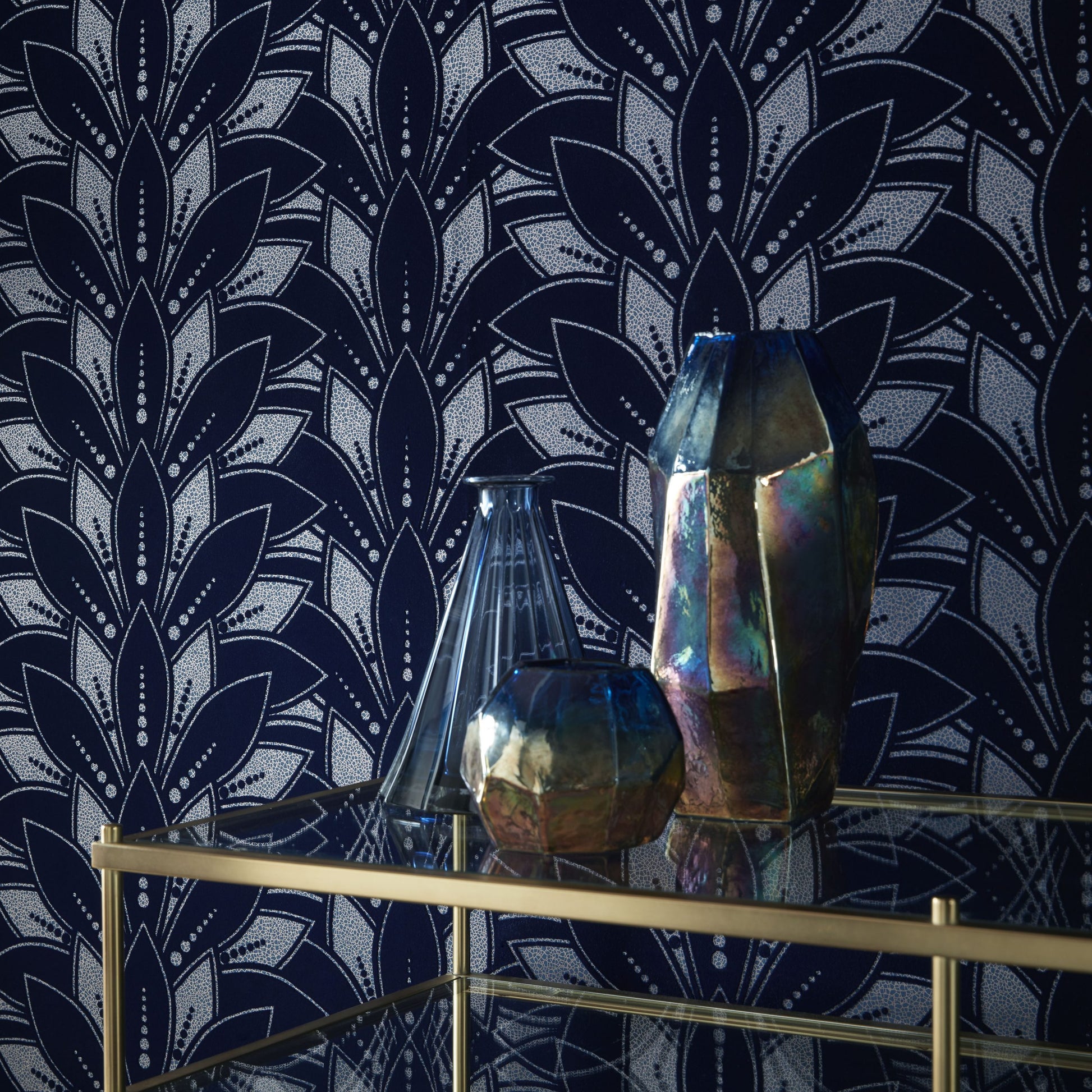 Astoria Midnight Blue Luxury Flock Wallpaper - 1838 wallcoverings