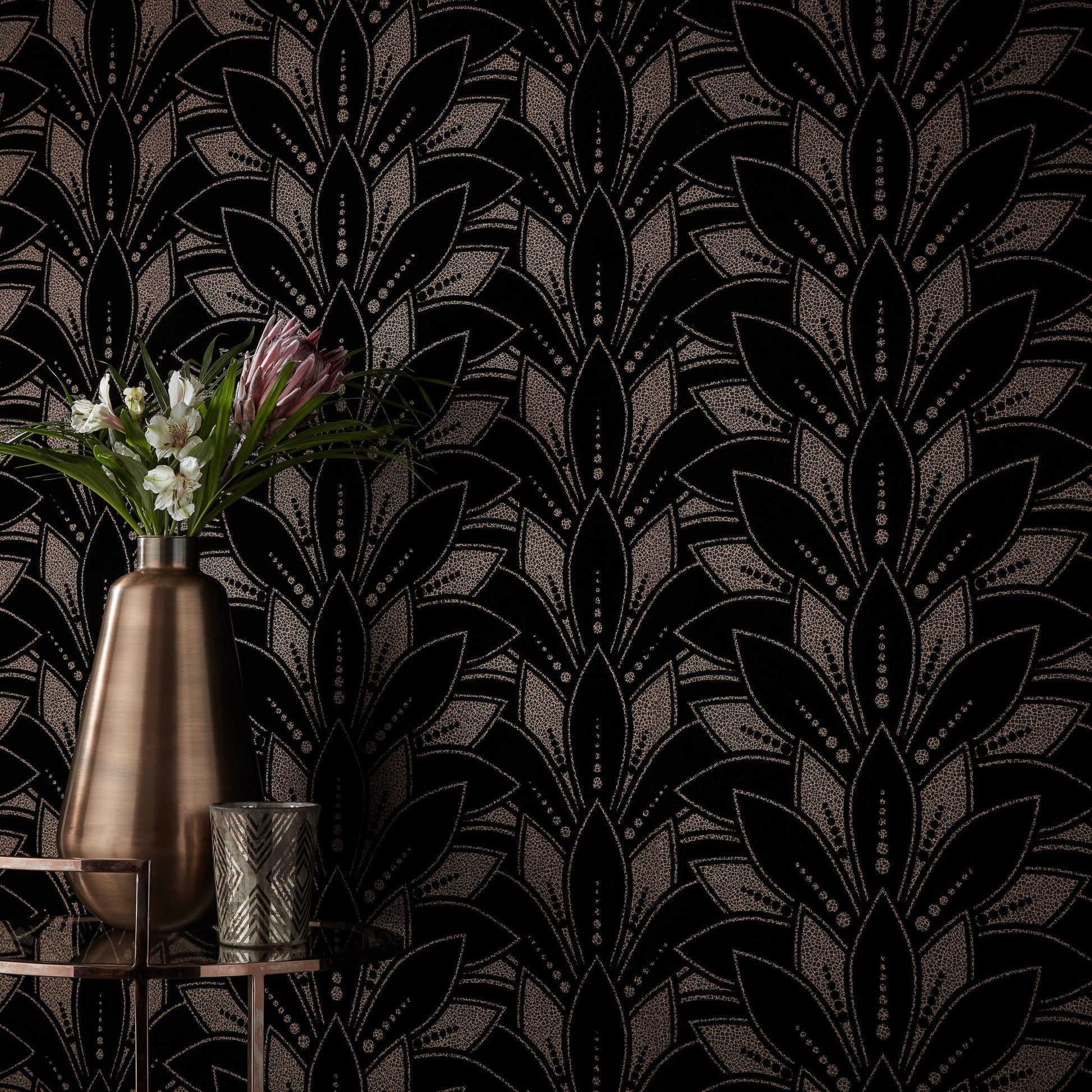 Astoria Jet Black Luxury Flock Wallpaper - 1838 wallcoverings