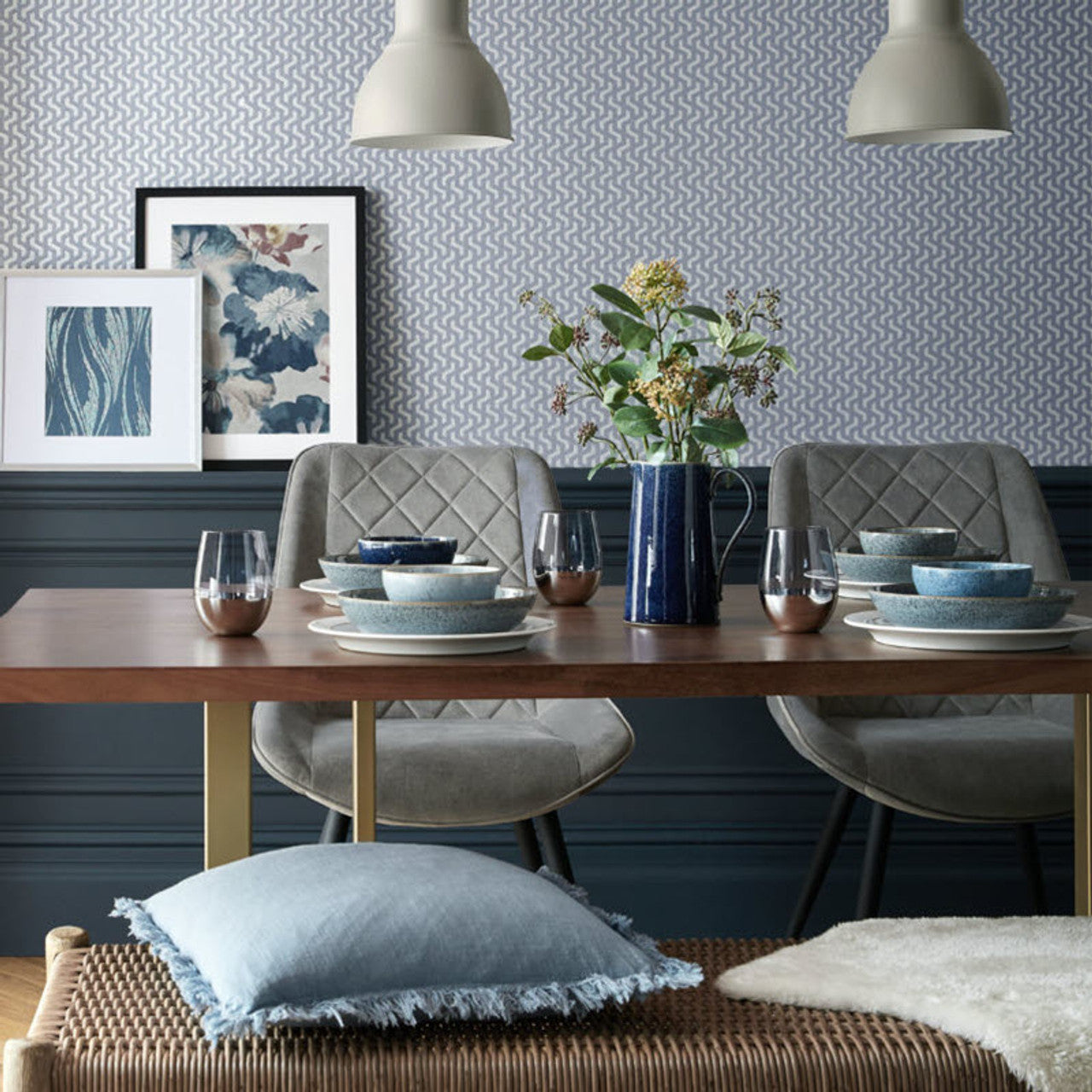 Rattan Blue Dusk Silver Luxury Geometric Wallpaper - 1838 wallcoverings