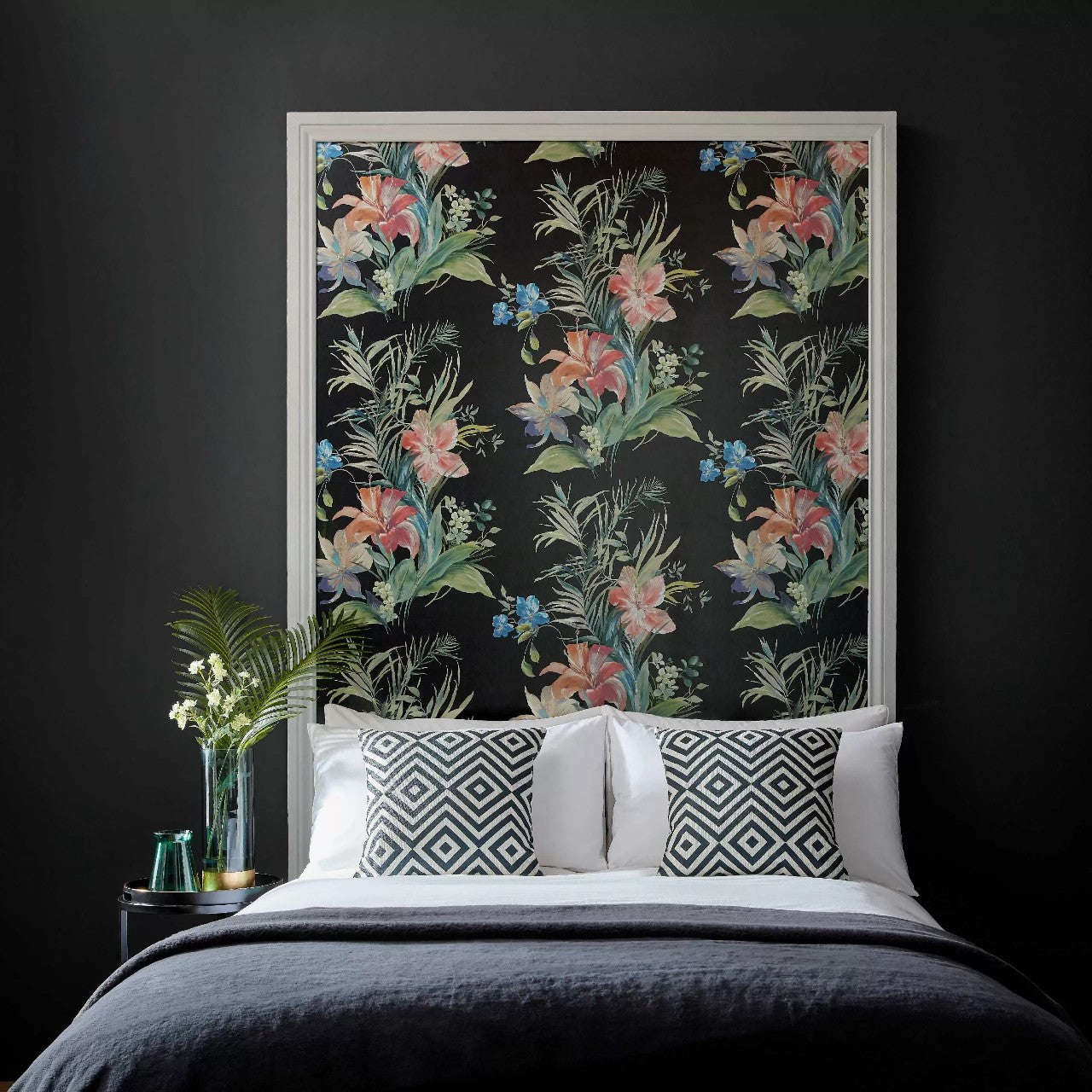 Lilliana Jet Black Luxury Floral Wallpaper - 1838 wallcoverings