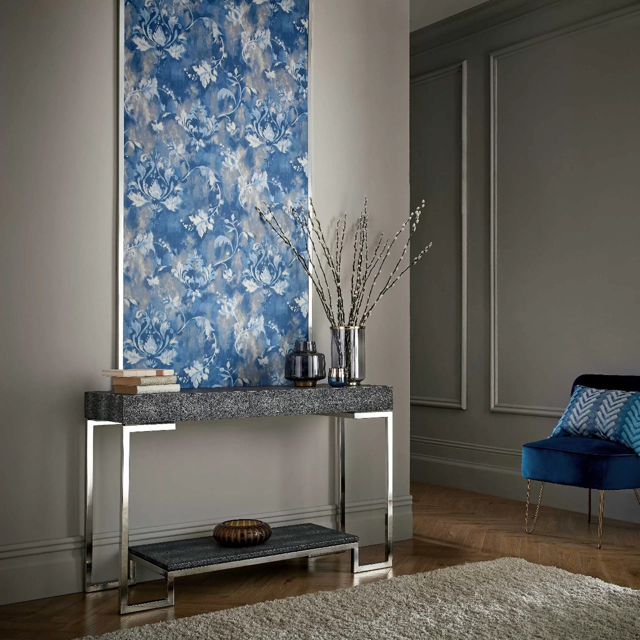 Ornamenta Indigo Blue Luxury Damask Wallpaper - 1838 wallcovering