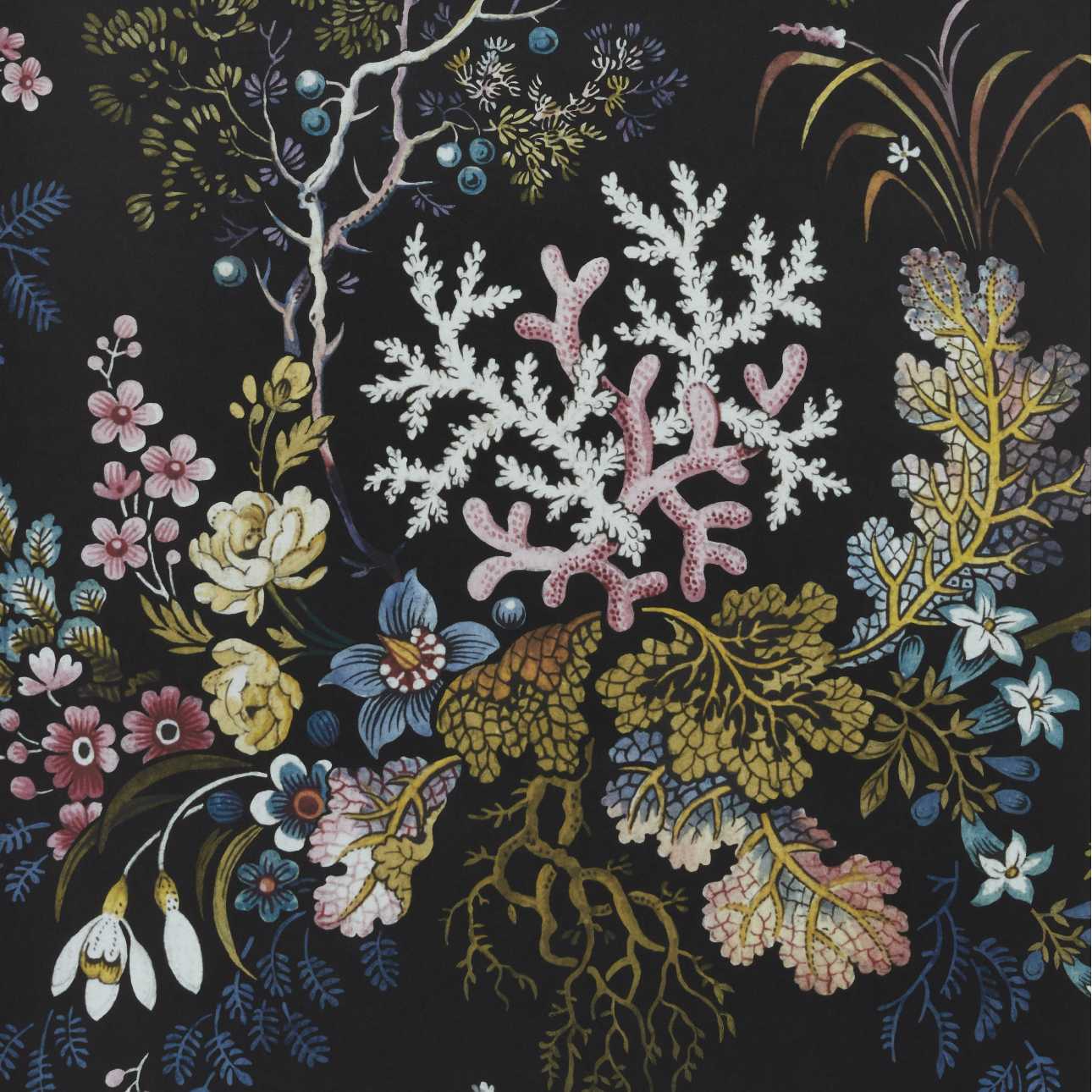 V&A Kilburn's Coral - Midnight Black Wallpaper - 1838 wallcoverings