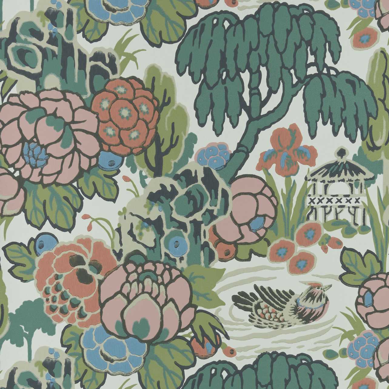 V&A Mandarin Garden - Coral Wallpaper - 1838 wallcoverings