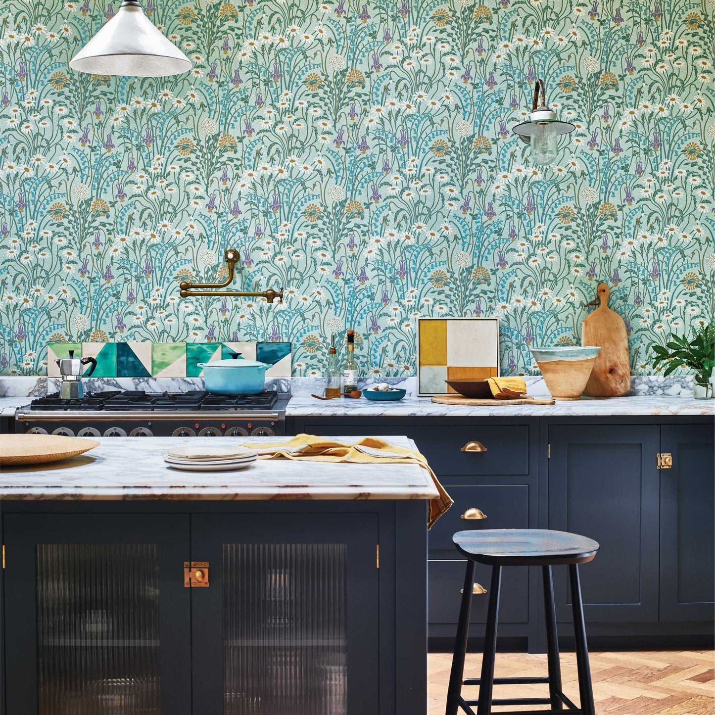 V&A Flower Meadow - Celeste Turquoise Wallpaper - 1838 wallcoverings