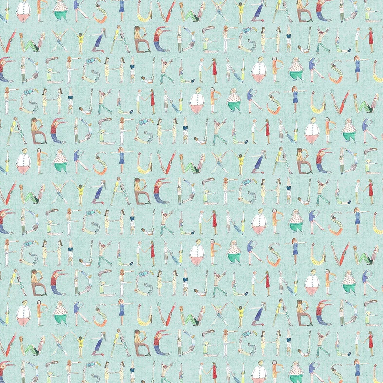 Alphabet People Mint Wide-Width Wallpaper 