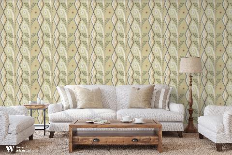 Gallier Diamond Brown And Green On Beige Wallpaper - Brunschwig & Fils