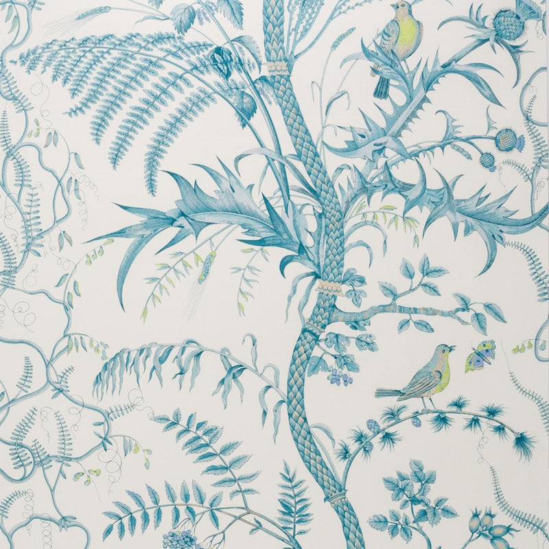 Bird And Thistle Aqua Wallpaper - Brunschwig & Fils