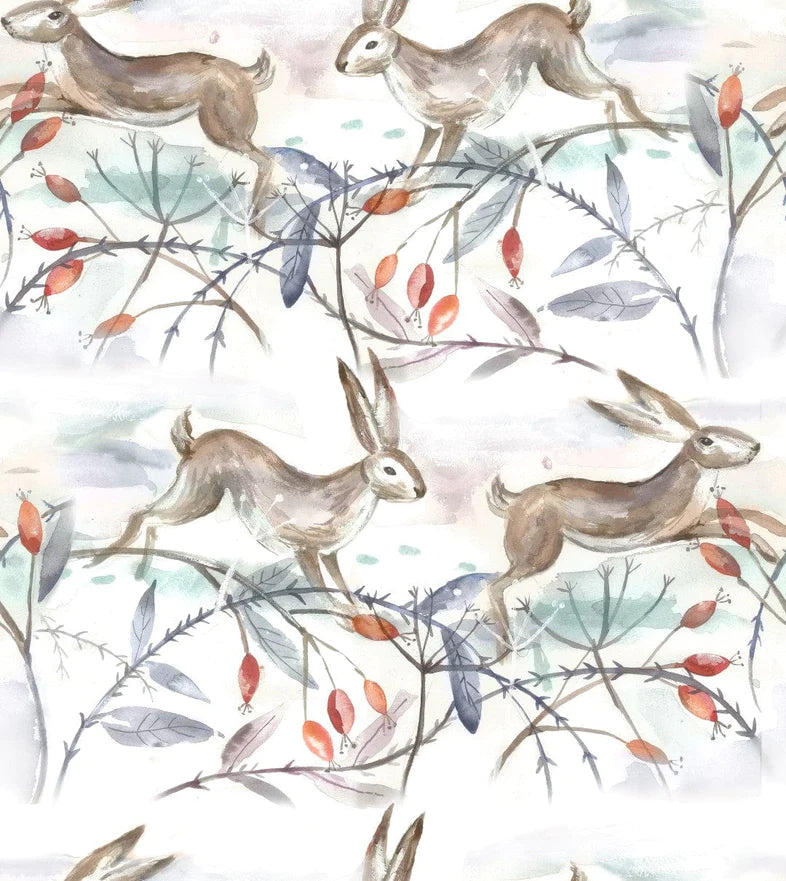 Christmas Hare White Fabric