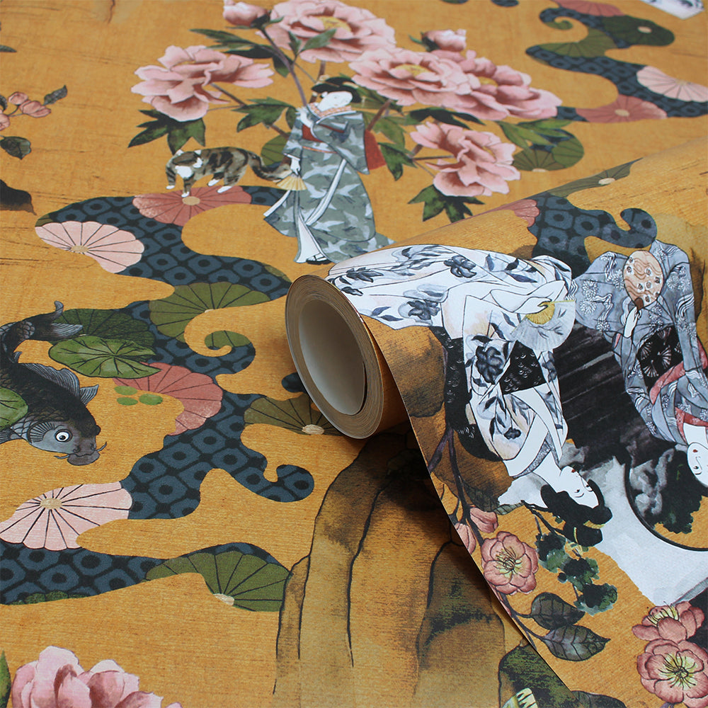 Geisha Floral Wallpaper - Ochre - Paoletti