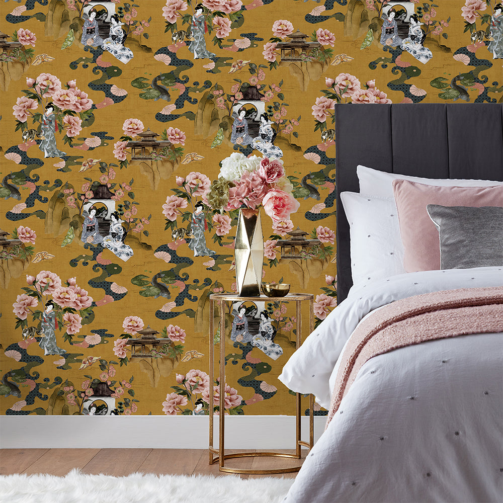 Geisha Floral Wallpaper - Ochre - Paoletti