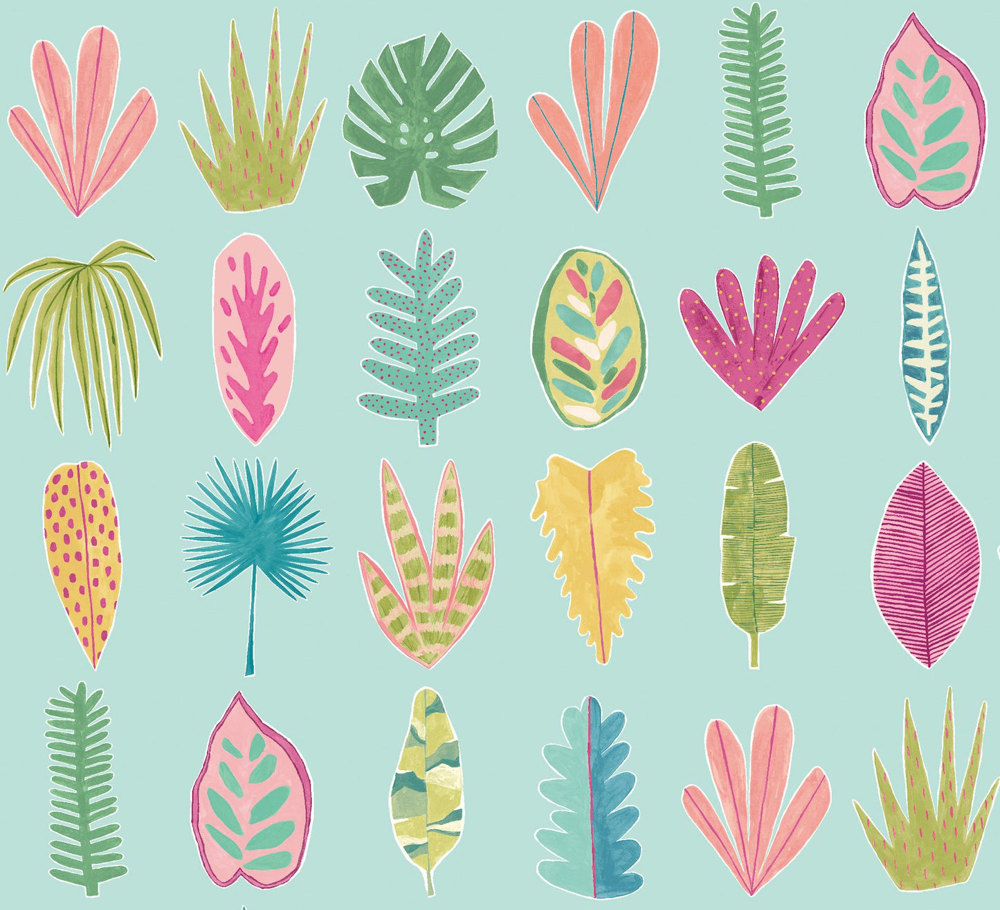 Leaf Boogie Wallpaper - Aqua & Raspberry - Ohpopsi