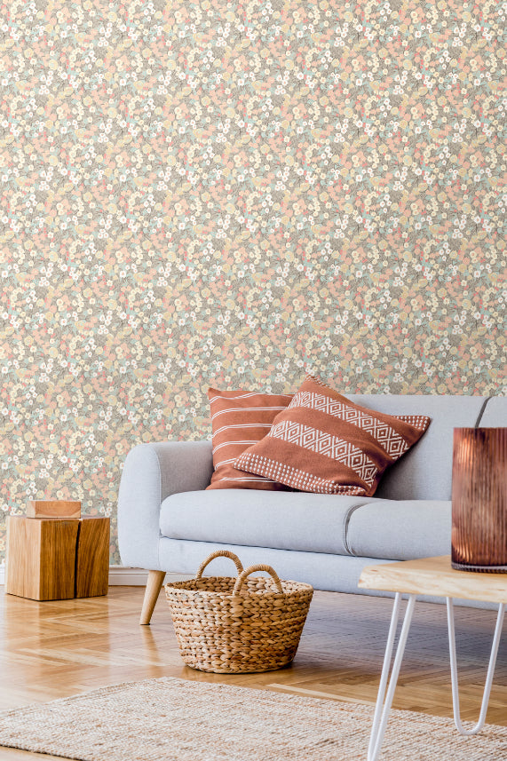 Flora Ditsy Wallpaper - Peach & Dove - Ohpopsi
