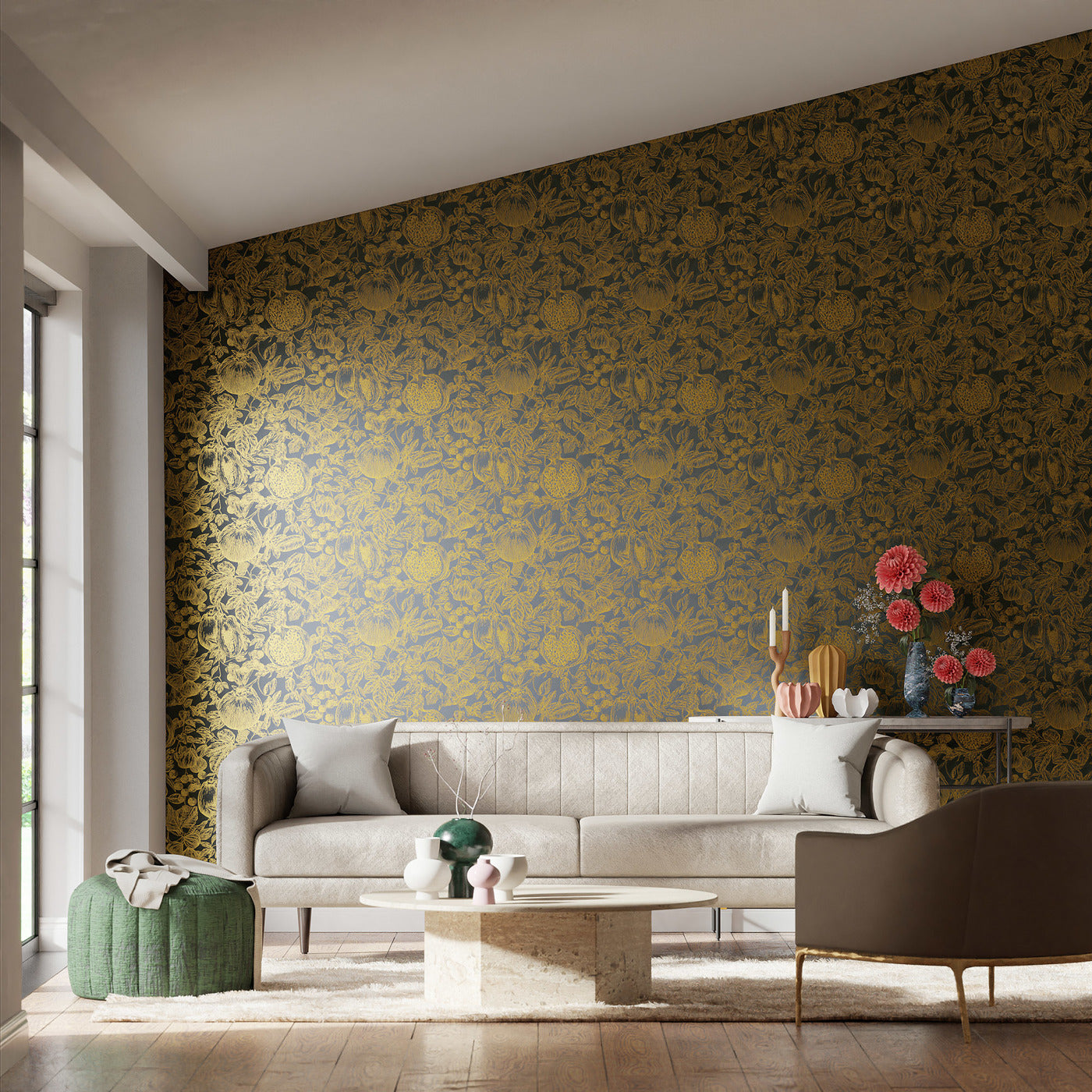 Melograno Room Wallpaper - Gold/Wild Water