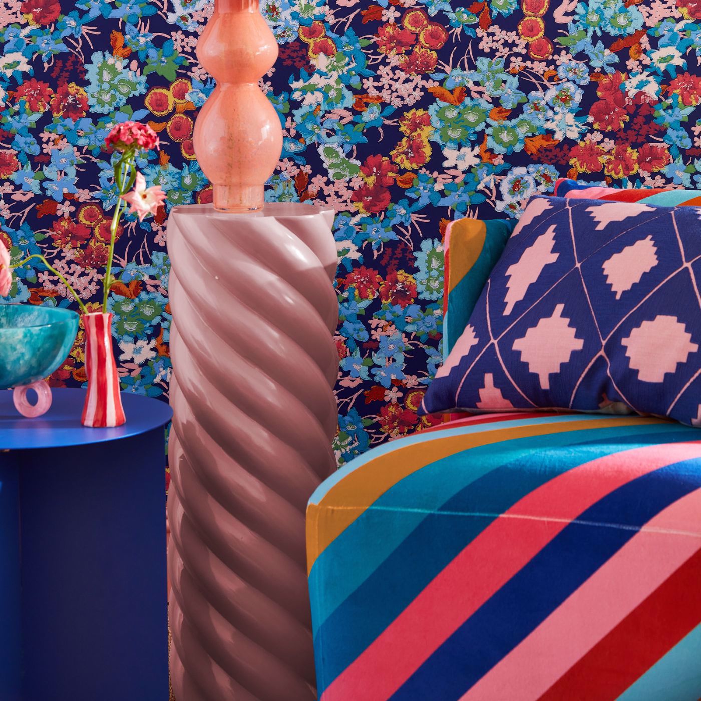 Wildflower Meadow Room Wallpaper - Lapis/Carnelian/Aquamarine