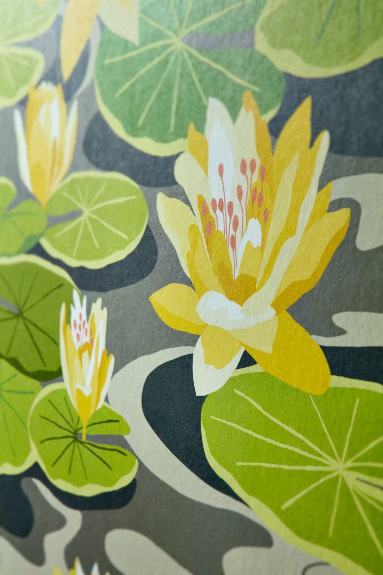 Waterlily Wallpaper - Charcoal & Mustard - Ohpopsi