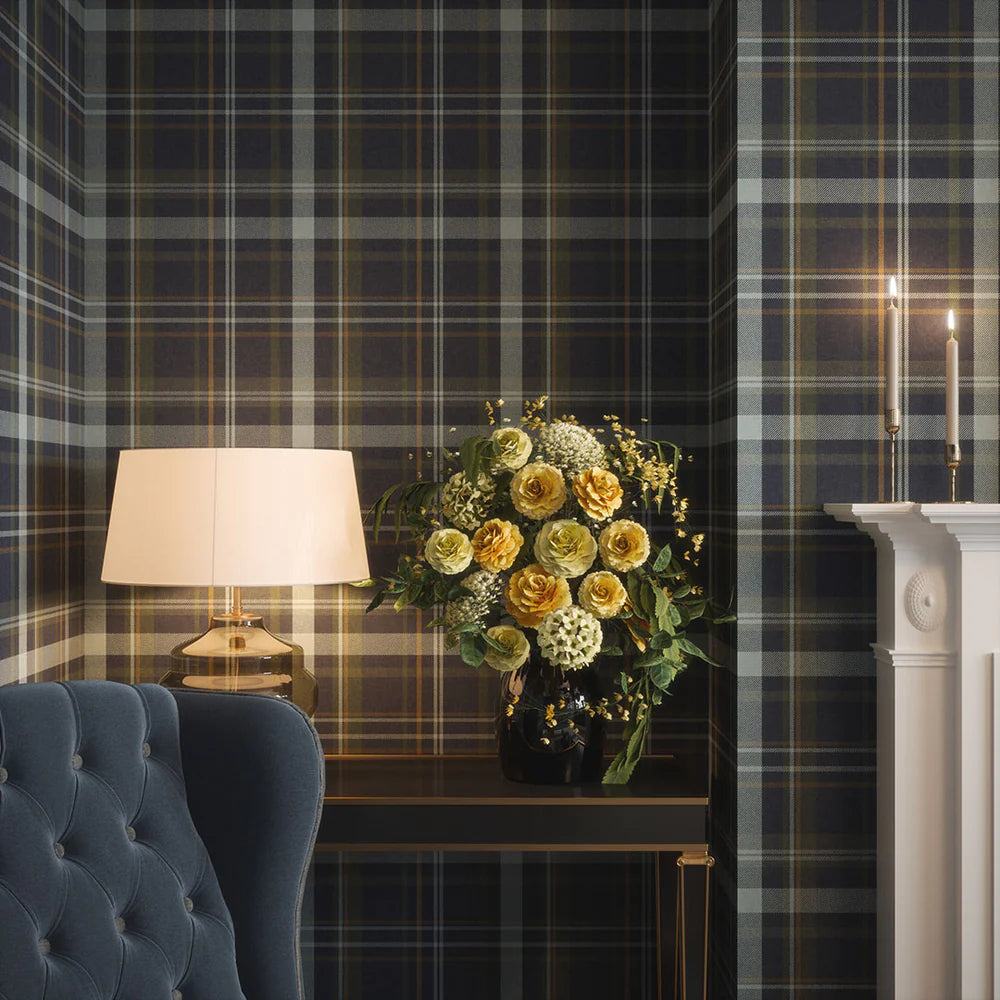 Heritage Tartan Wallpaper in Egyptian Blue and Mineral - Lucie Annabel