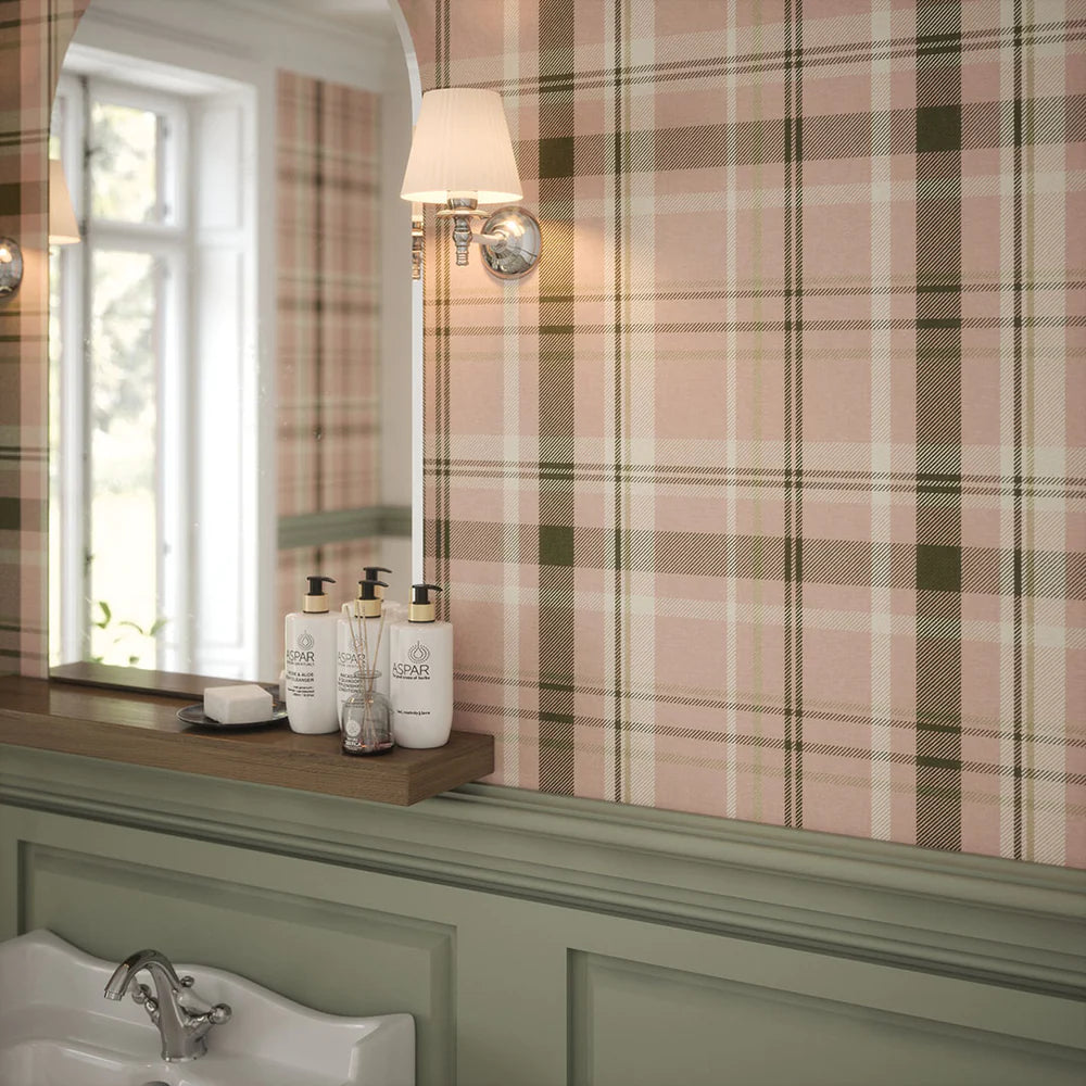 Heritage Tartan Wallpaper in Vintage Rose and Sage - Lucie Annabel