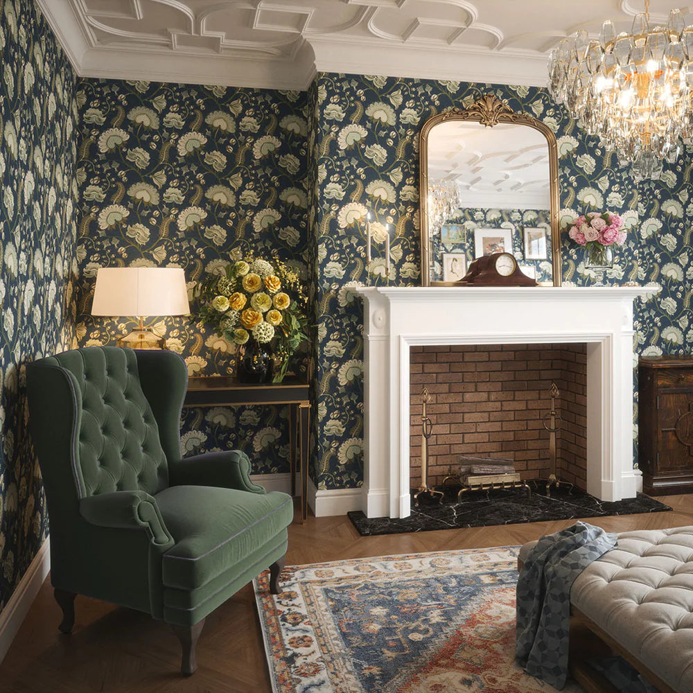 Beaumont Wallpaper in Olive and Sage Green on Classic Navy - Lucie Annabel