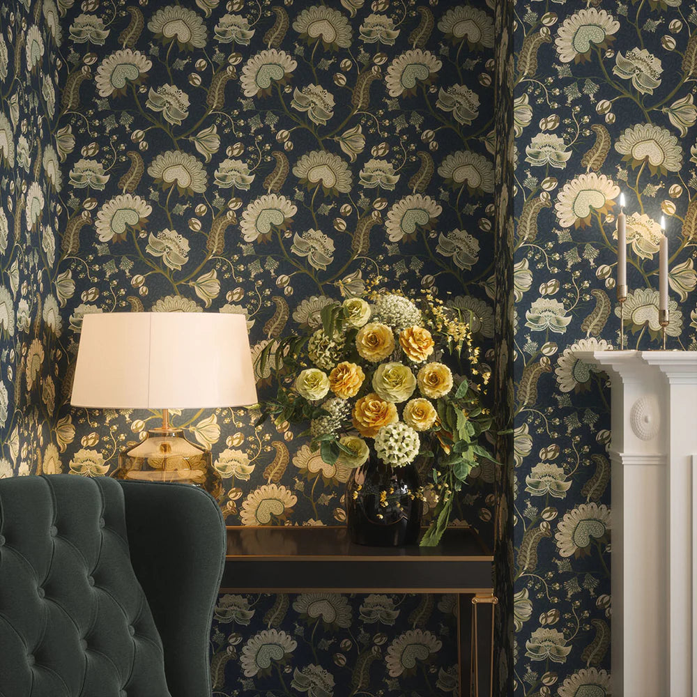 Beaumont Wallpaper in Olive and Sage Green on Classic Navy - Lucie Annabel