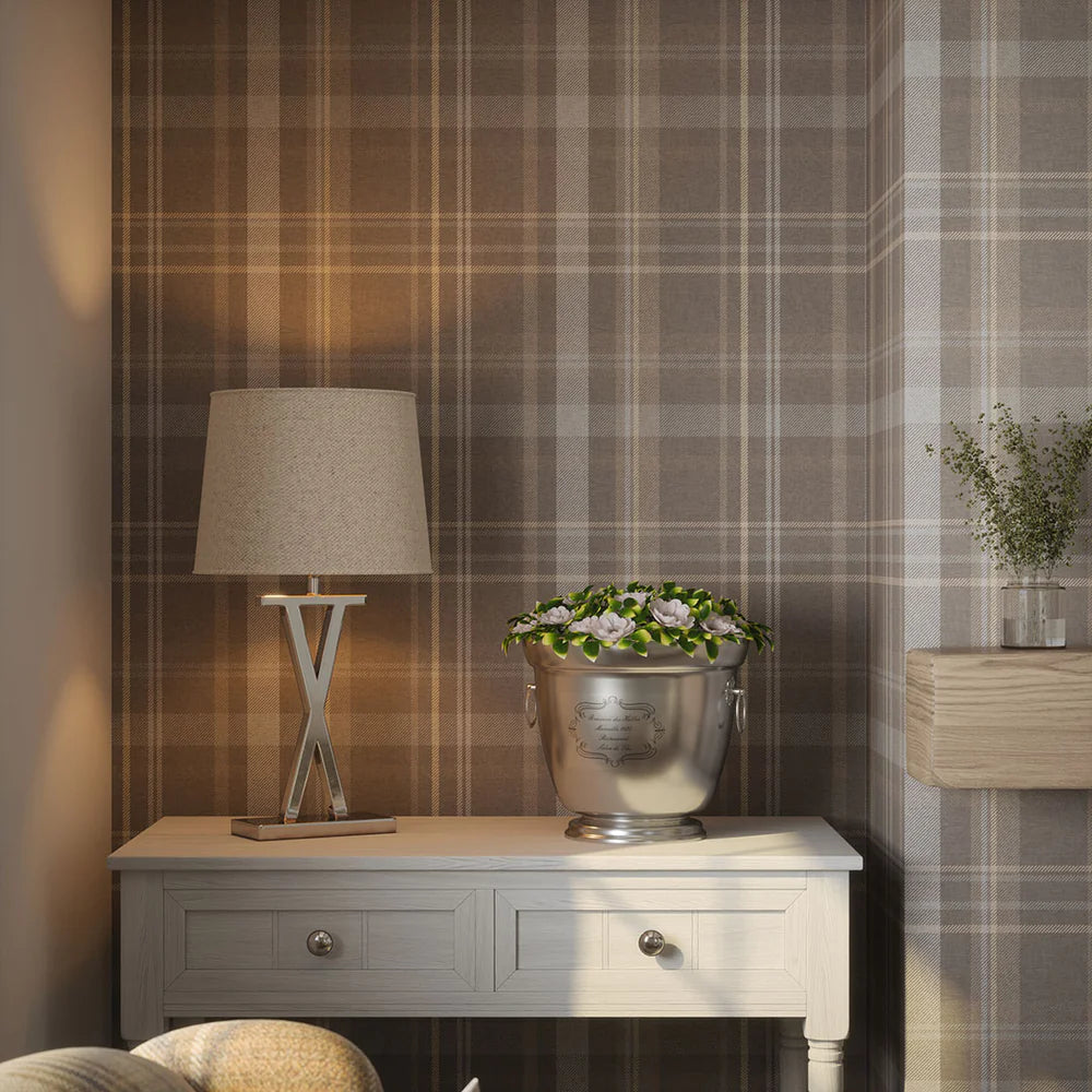 Heritage Tartan Wallpaper in Earl Blue and Vintage Cream on Earl Grey - Lucie Annabel