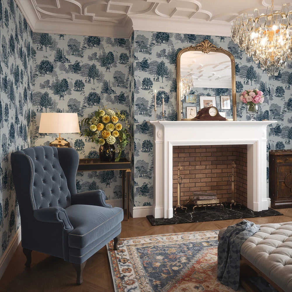 Toile De Jouy Wallpaper in Ink Blue - Lucie Annabel