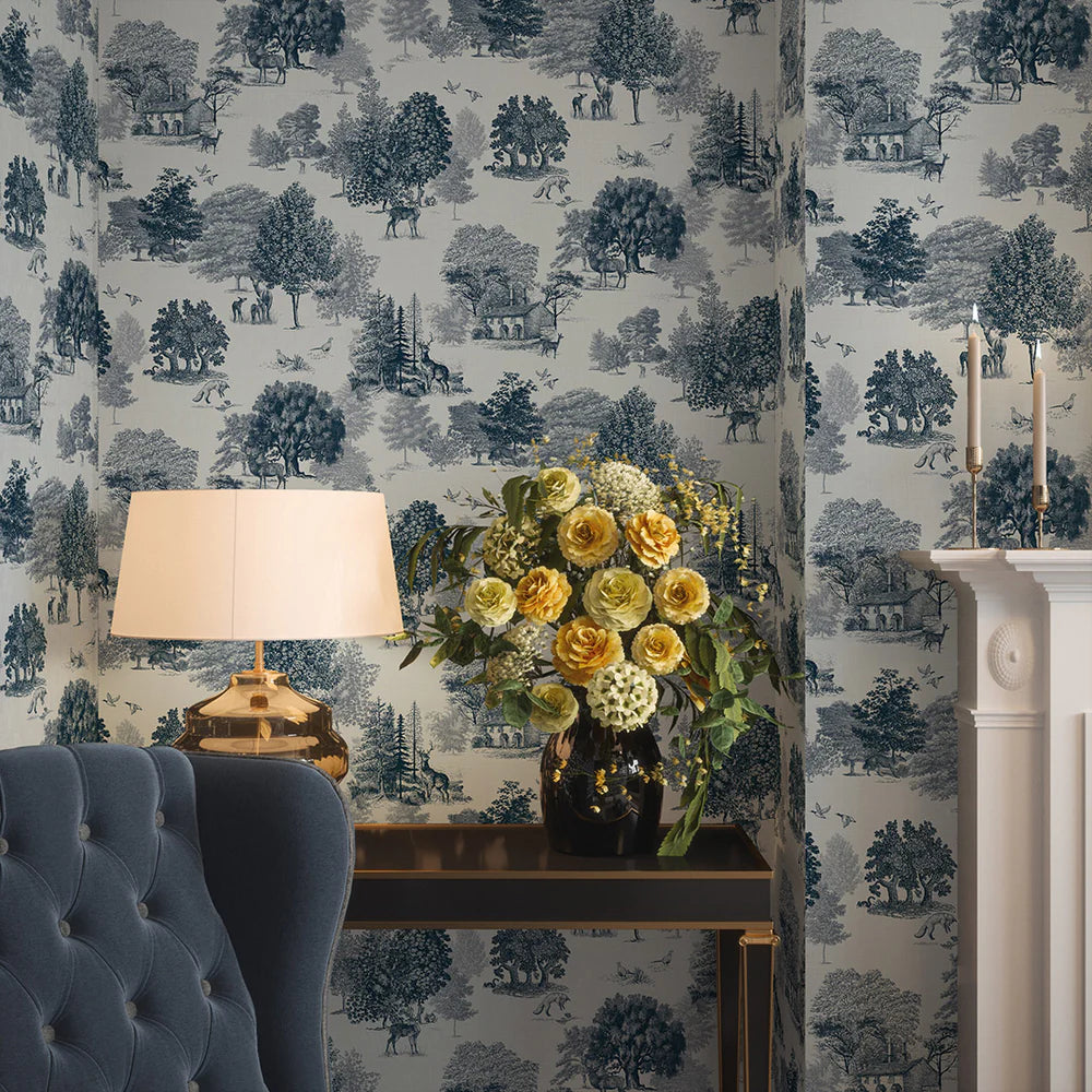 Toile De Jouy Wallpaper in Ink Blue - Lucie Annabel