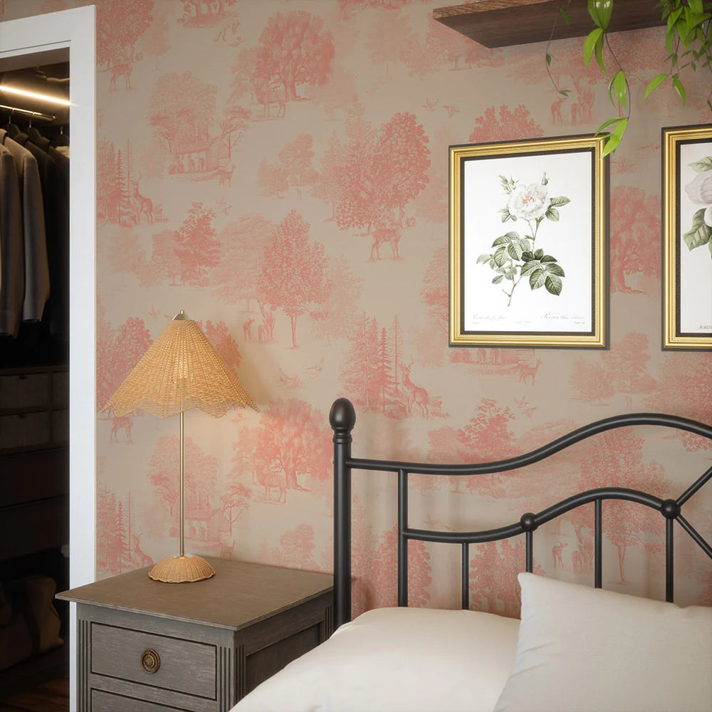 Toile De Jouy Wallpaper in Coral - Lucie Annabel