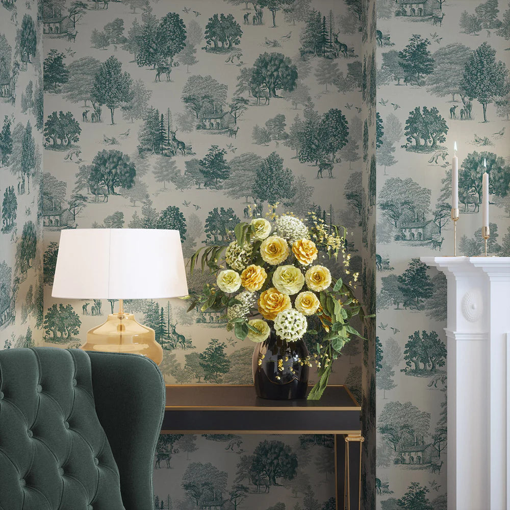 Toile De Jouy Wallpaper in Deep Teal - Lucie Annabel