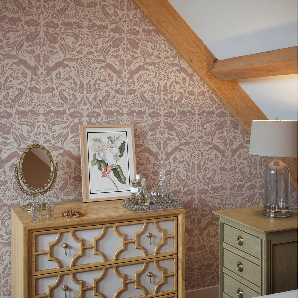 The Secret Squirrel Wallpaper in Rosewood - Lucie Annabel