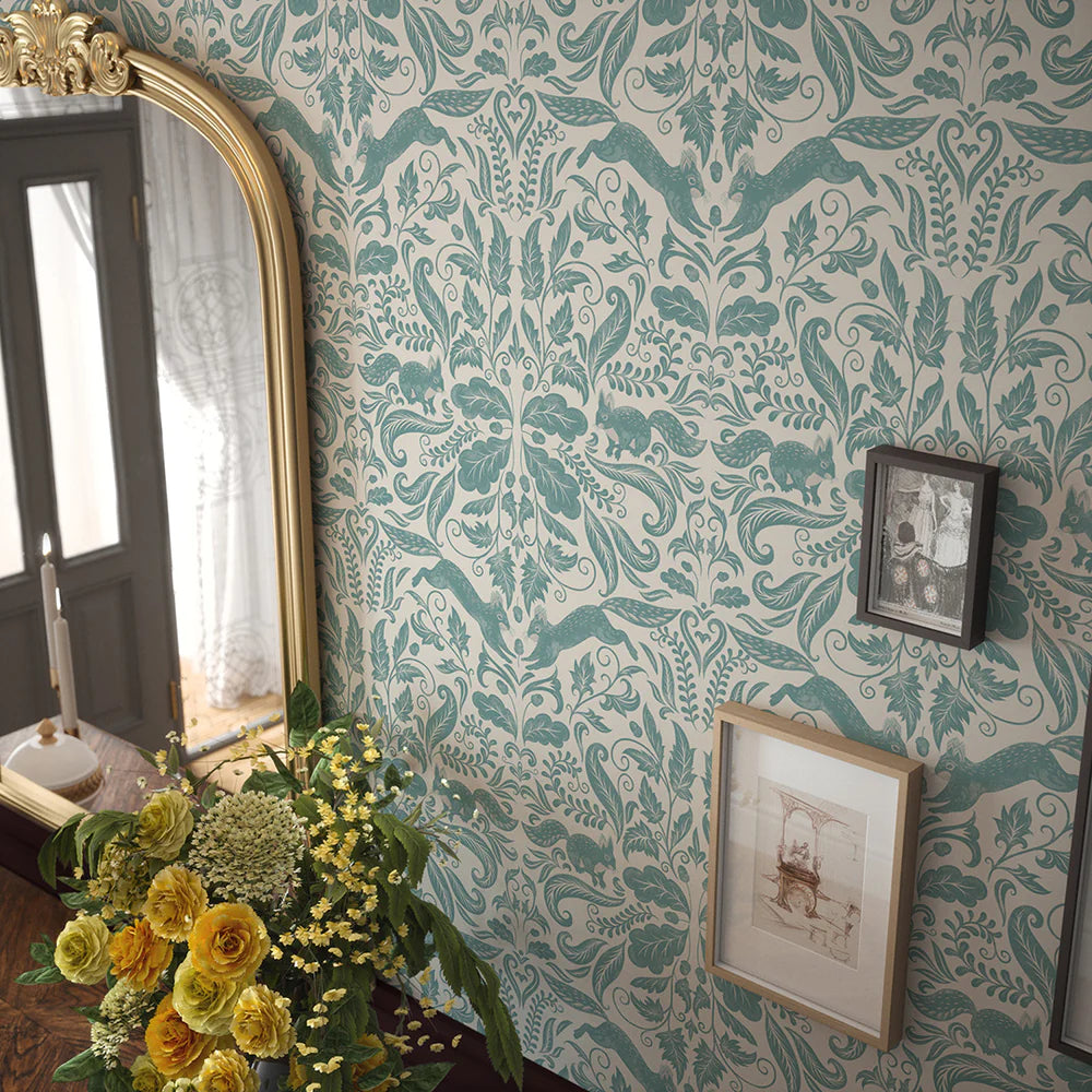 The Secret Squirrel Wallpaper in Teal - Lucie Annabel