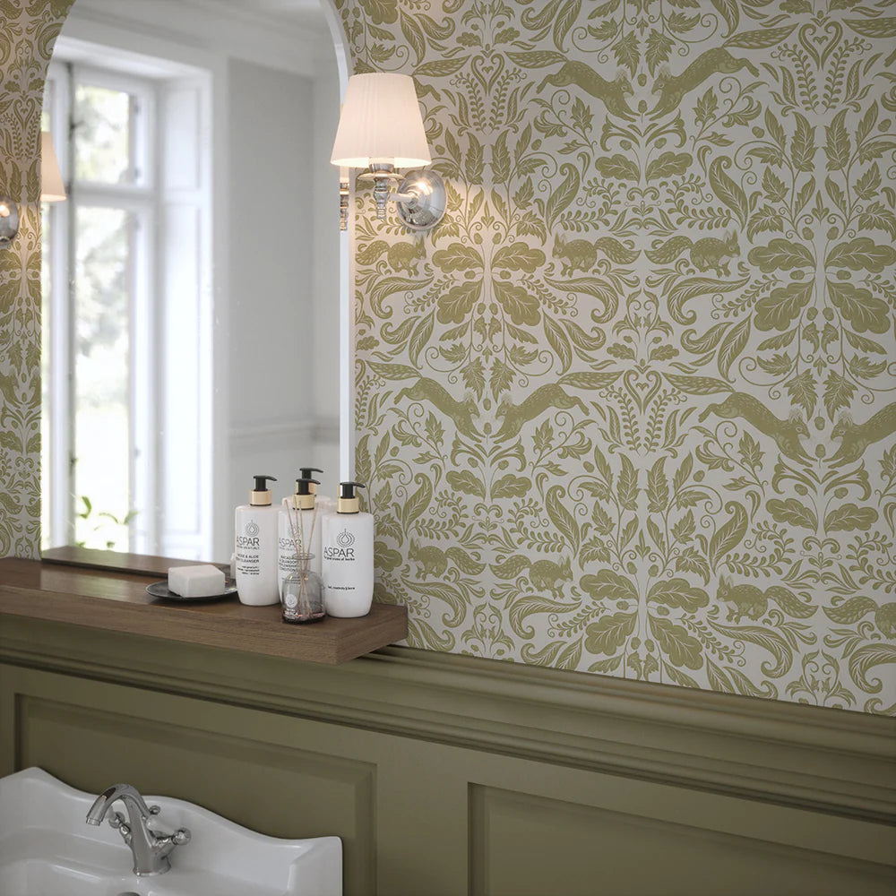 The Secret Squirrel Wallpaper in Avocado - Lucie Annabel