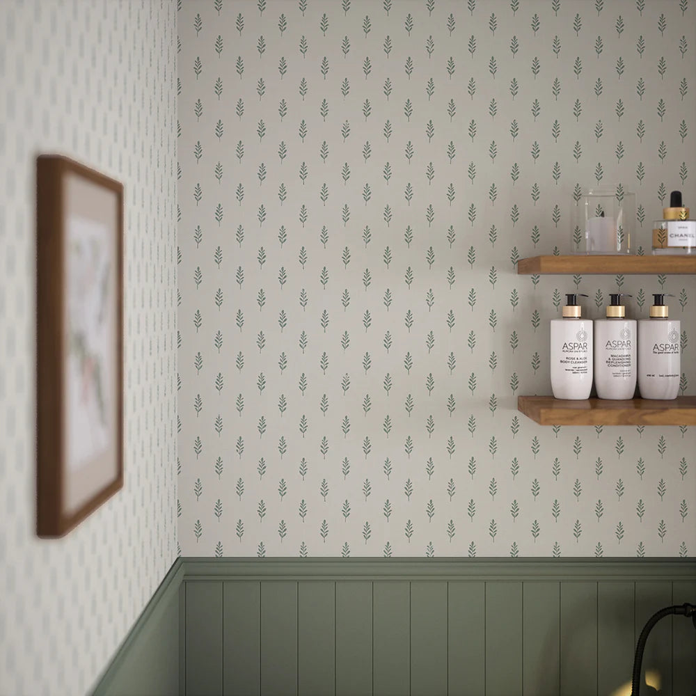 Rowan Wallpaper in Smokey Green on Cream - Lucie Annabel