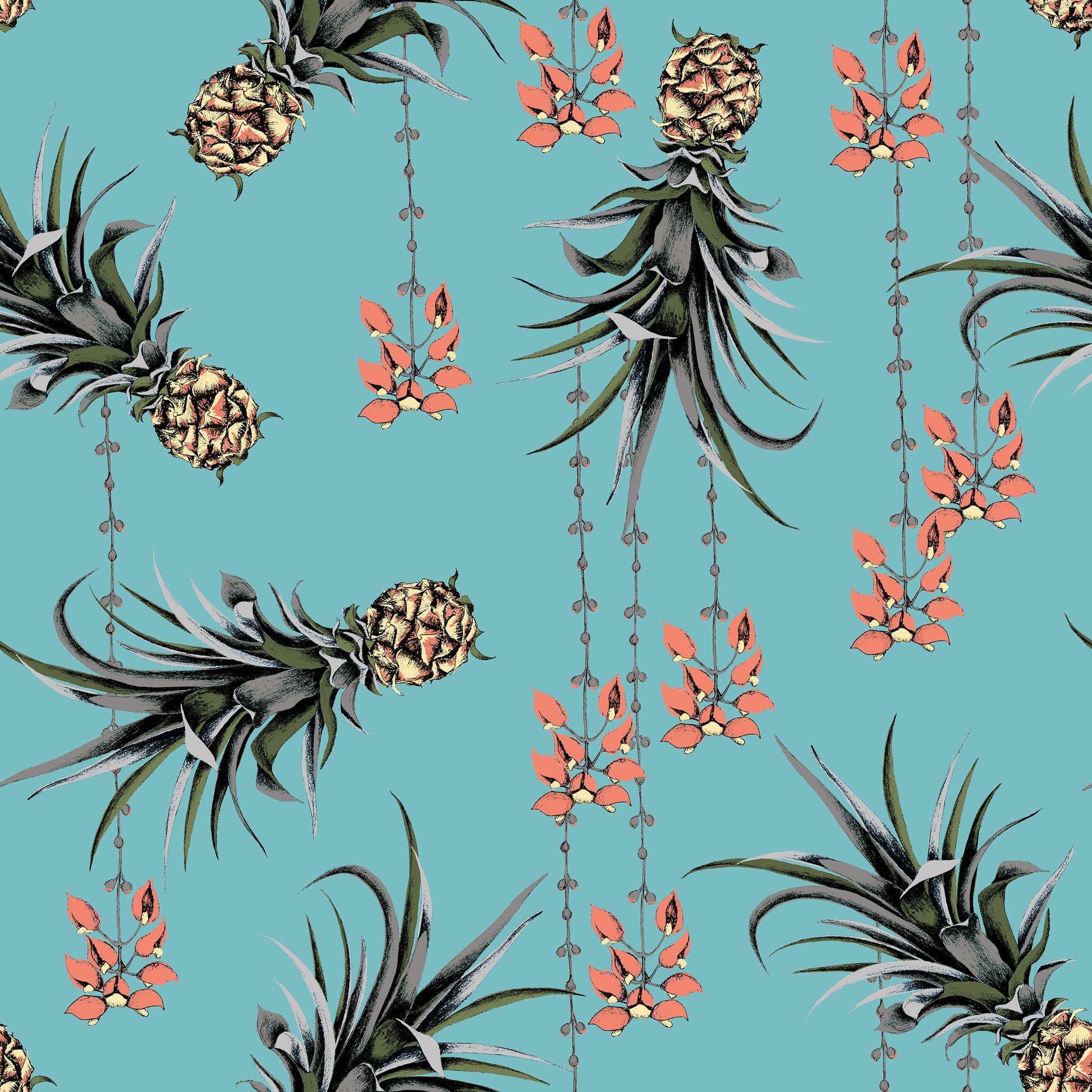 Pineapple And Petals Wallpaper - Ocean - Petronella Hall