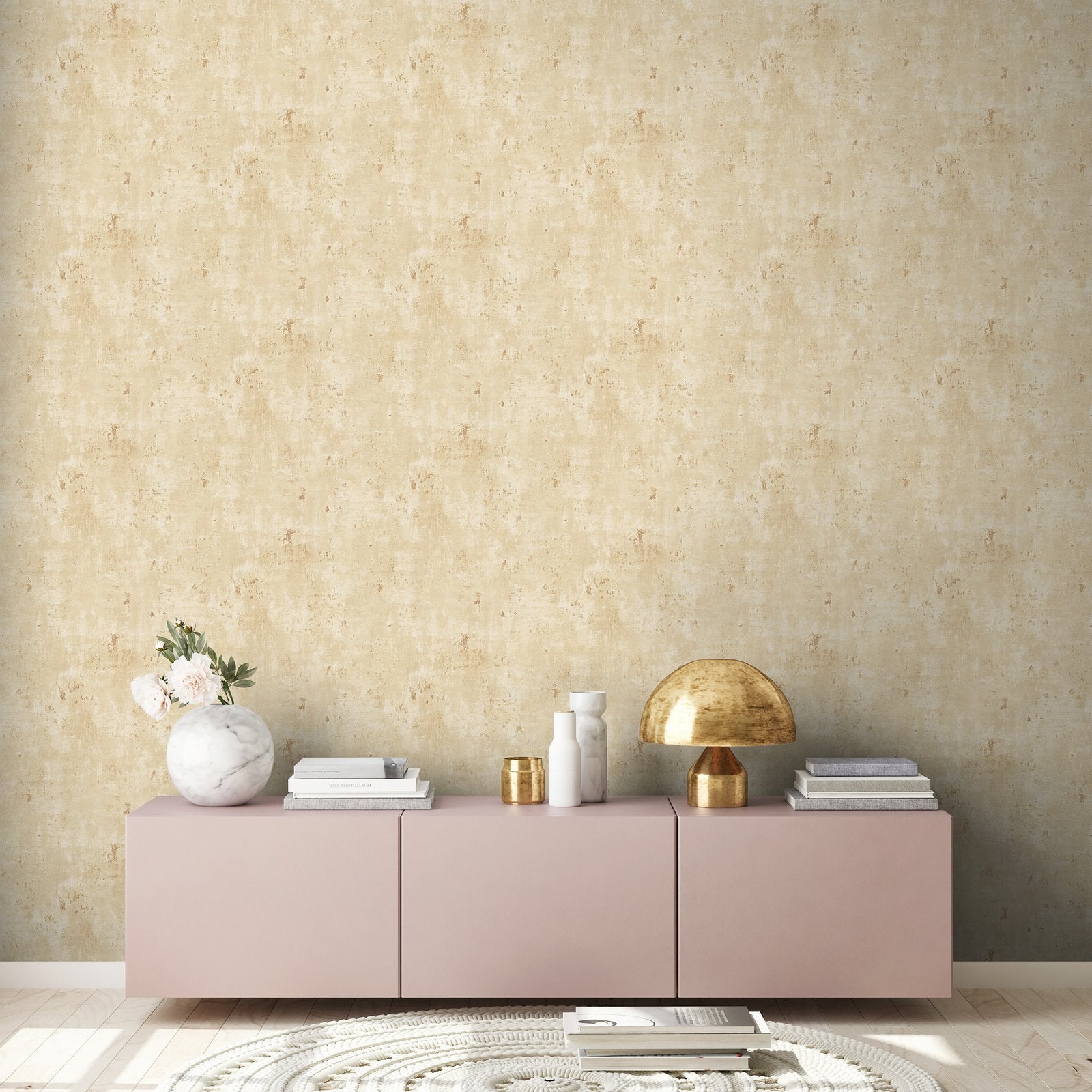 Welcome Home Distressed Metallic Texture Wallpaper - Sand - Galerie