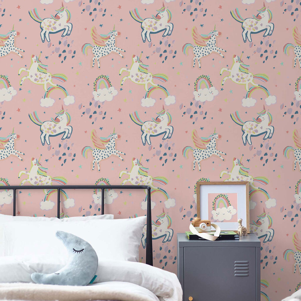 Party Unicorn Pink Nursey Room Wallpaper - Pink