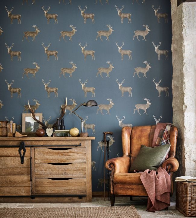 Evesham Deer Room Wallpaper - Blue