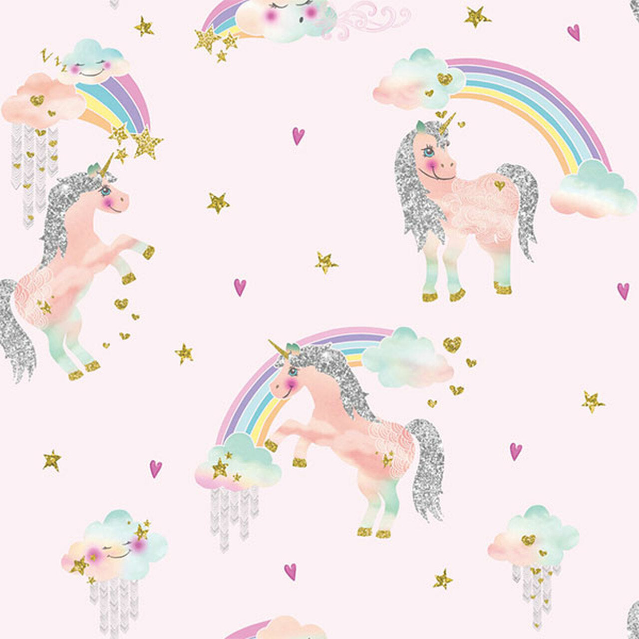 Rainbow Unicorn Imagine Fun Nursey Wallpaper - Pink