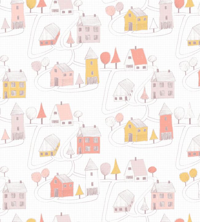 Small Village Wallpaper - Pink 