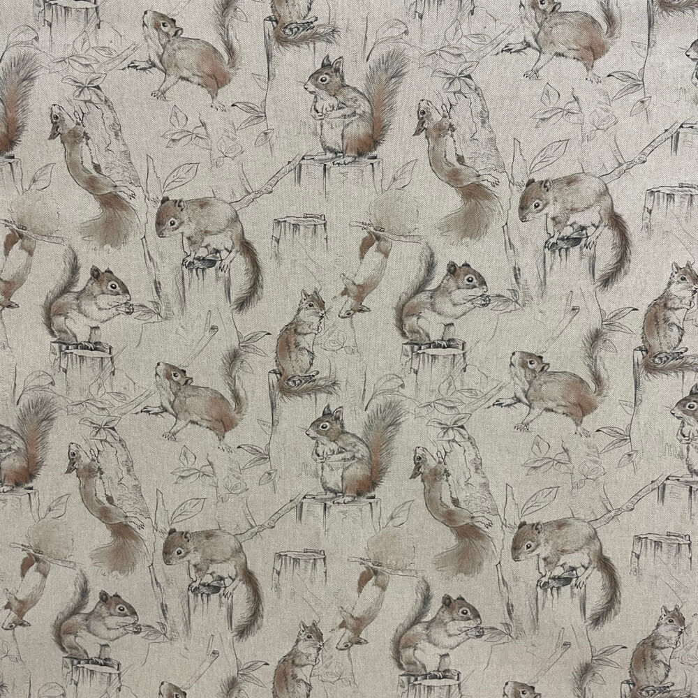 Playful Squirrels Linen Fabric - Gray