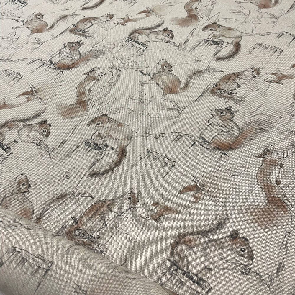 Playful Squirrels Linen Room Fabric - Gray