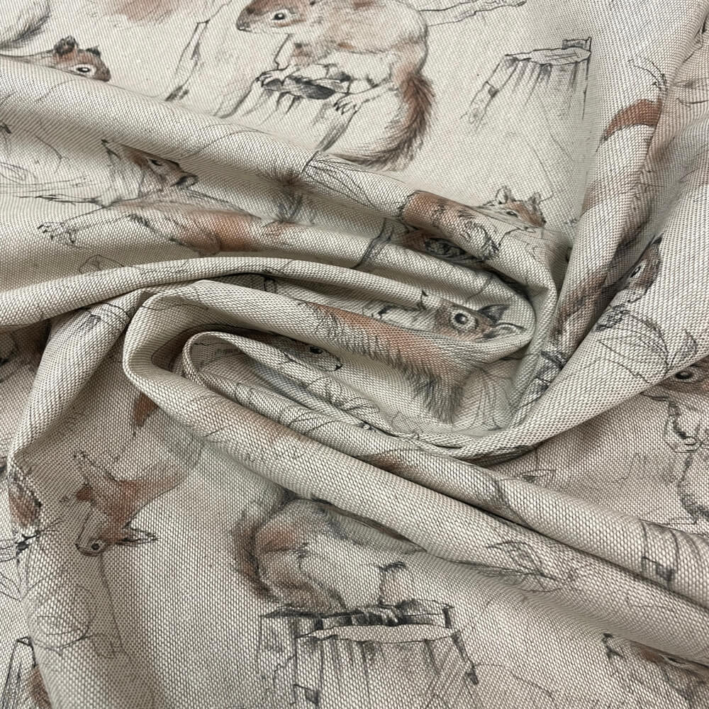 Playful Squirrels Linen Room Fabric - Gray